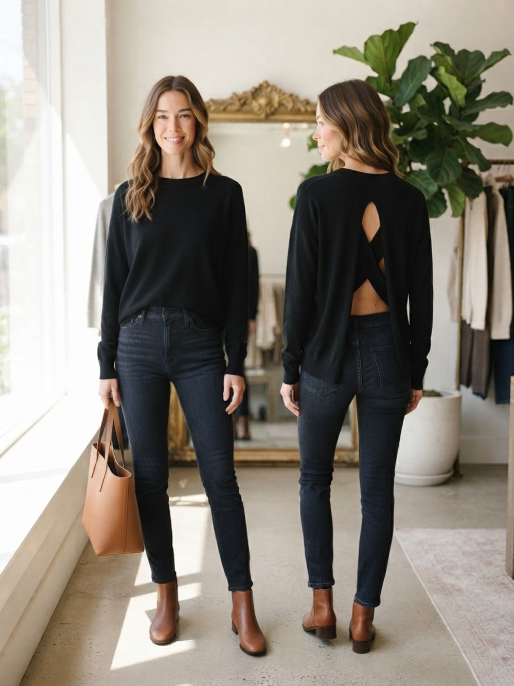 Black Long Sleeve Open-Back Crisscross Sweater